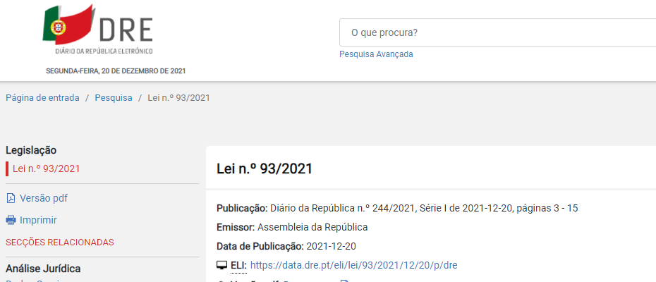 Lei n.º 93/2021, de 20 de dezembro - "Regime Geral de Proteção de Denunciantes de Infrações"
